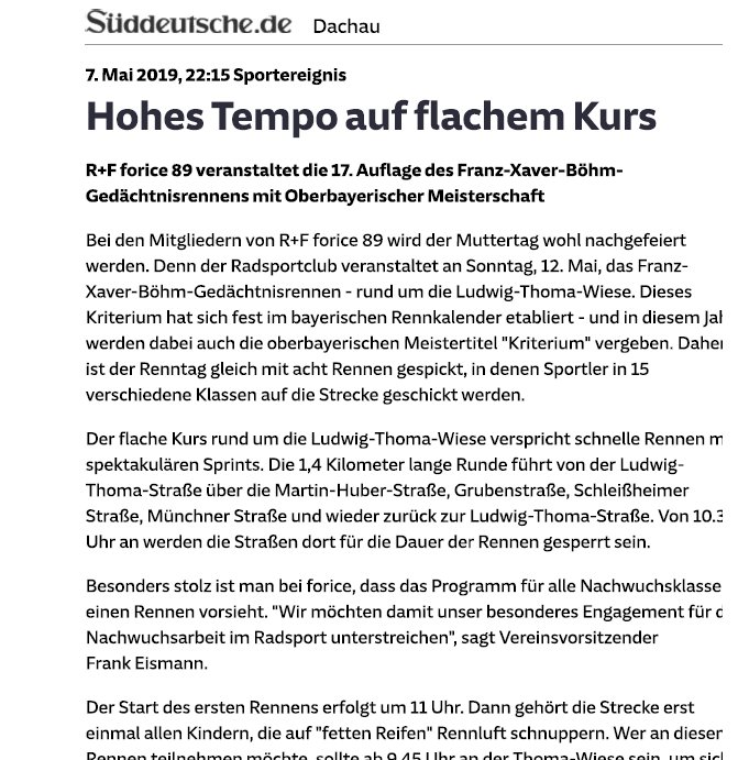 Süddeutsche – Pressebericht  Ankündigung Rennen 2019